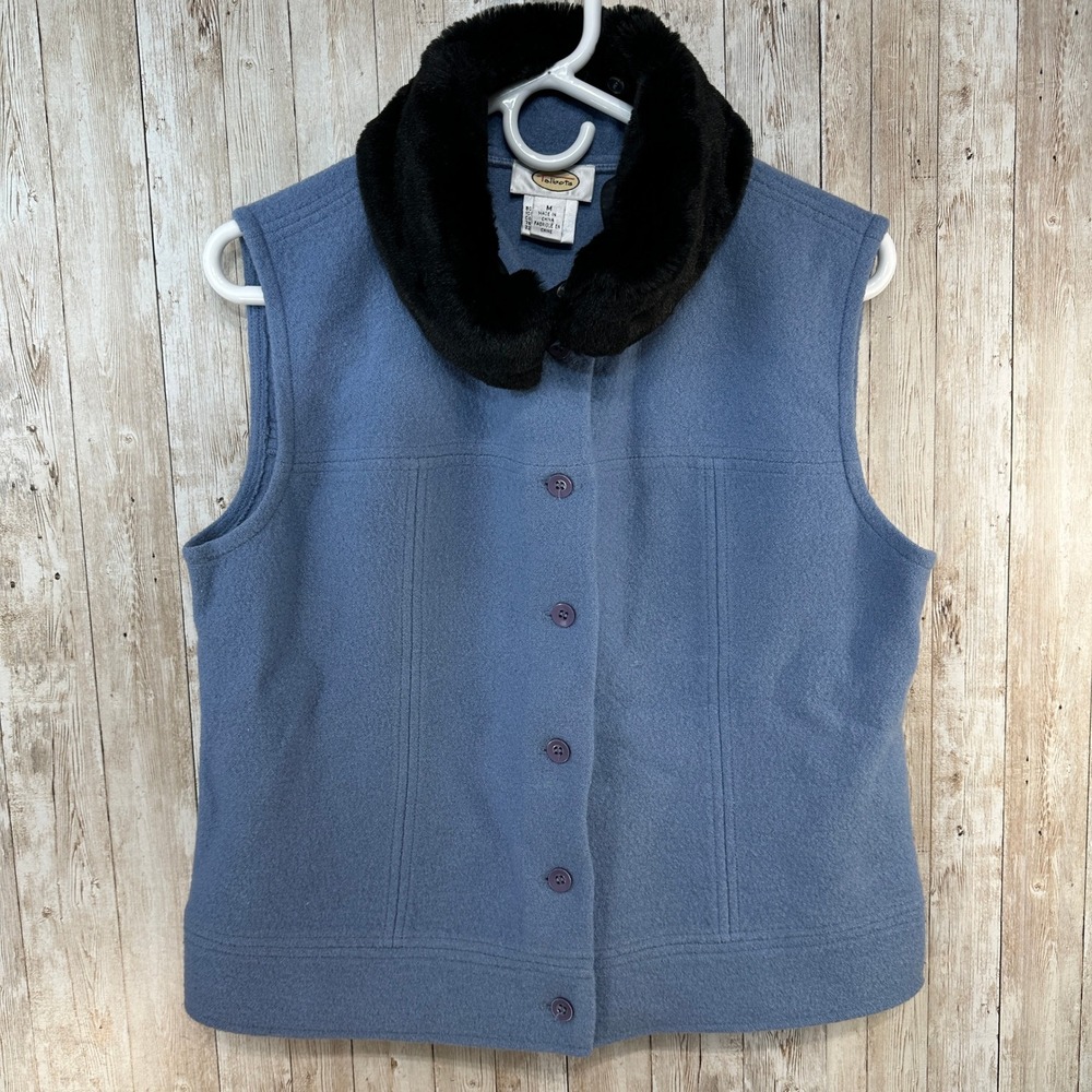 Talbots Womens Blue Boiled‎ Wool Vest Detachable Fur Collar Button Front Size M